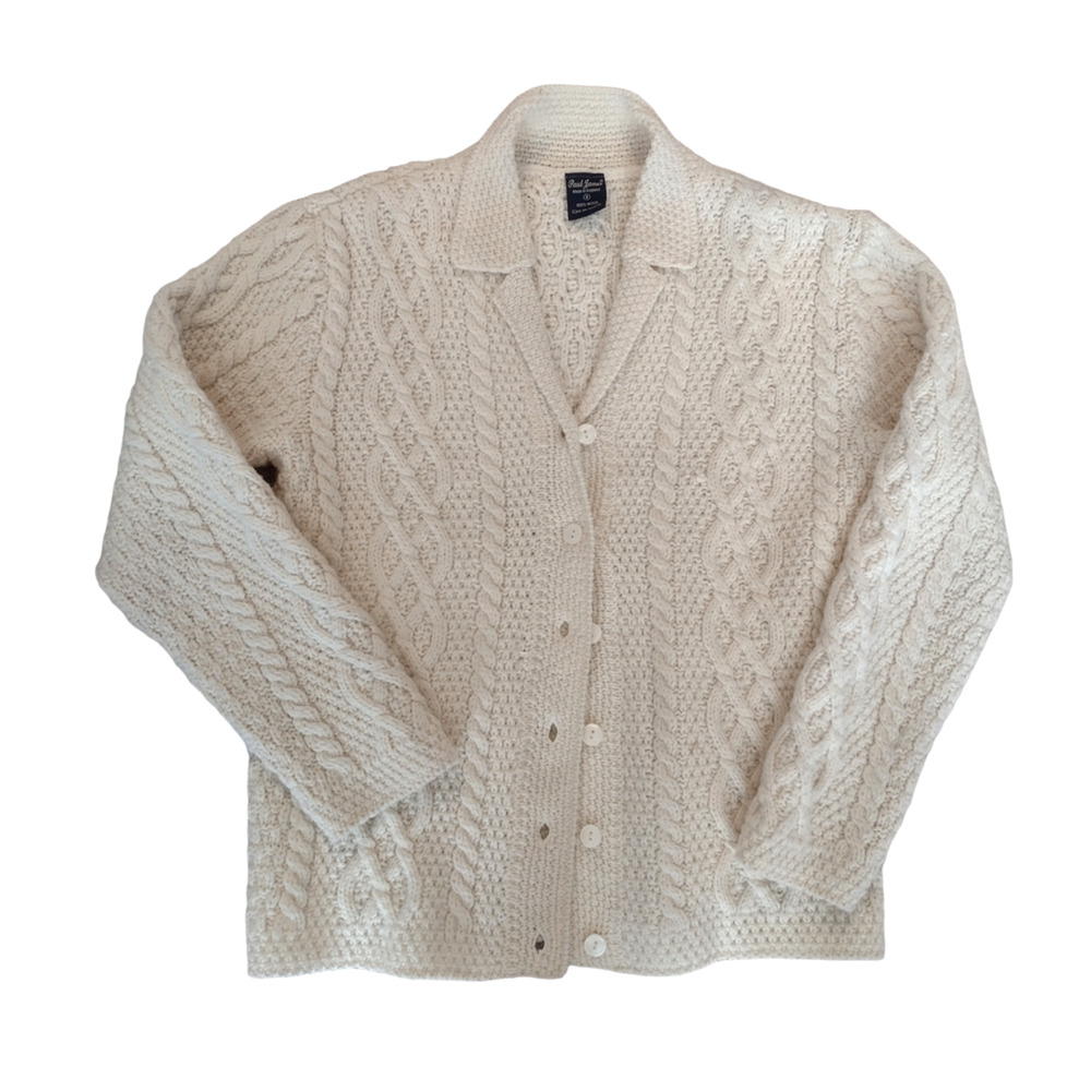 Paul James 100% Wool Aran Cableknit Collared Sweater Made in England